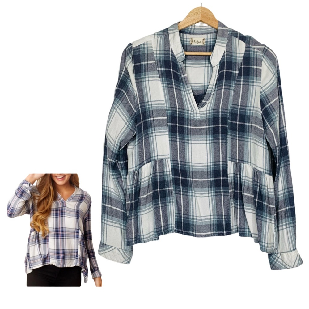 Altar'd State Cordera Top Flannel Size Small Gray Peplum Long Sleeve Medium